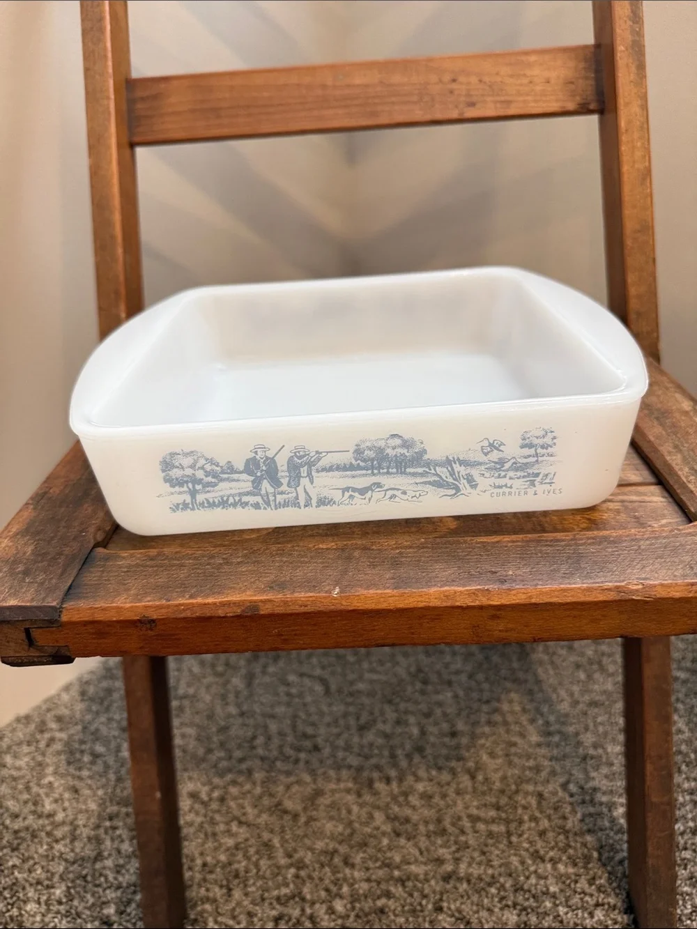 Vintage Glassbake Currier & Ives Blue Hunting Scene Milk Glass Square Bake Dish